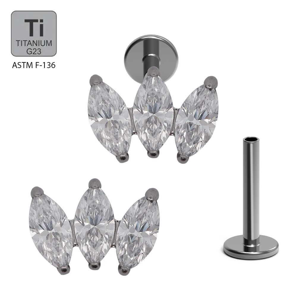 ASTM F136 Titanium G23 Internally Threaded Labret with 3 Prong Set Marquise Cubic Zirconia Top