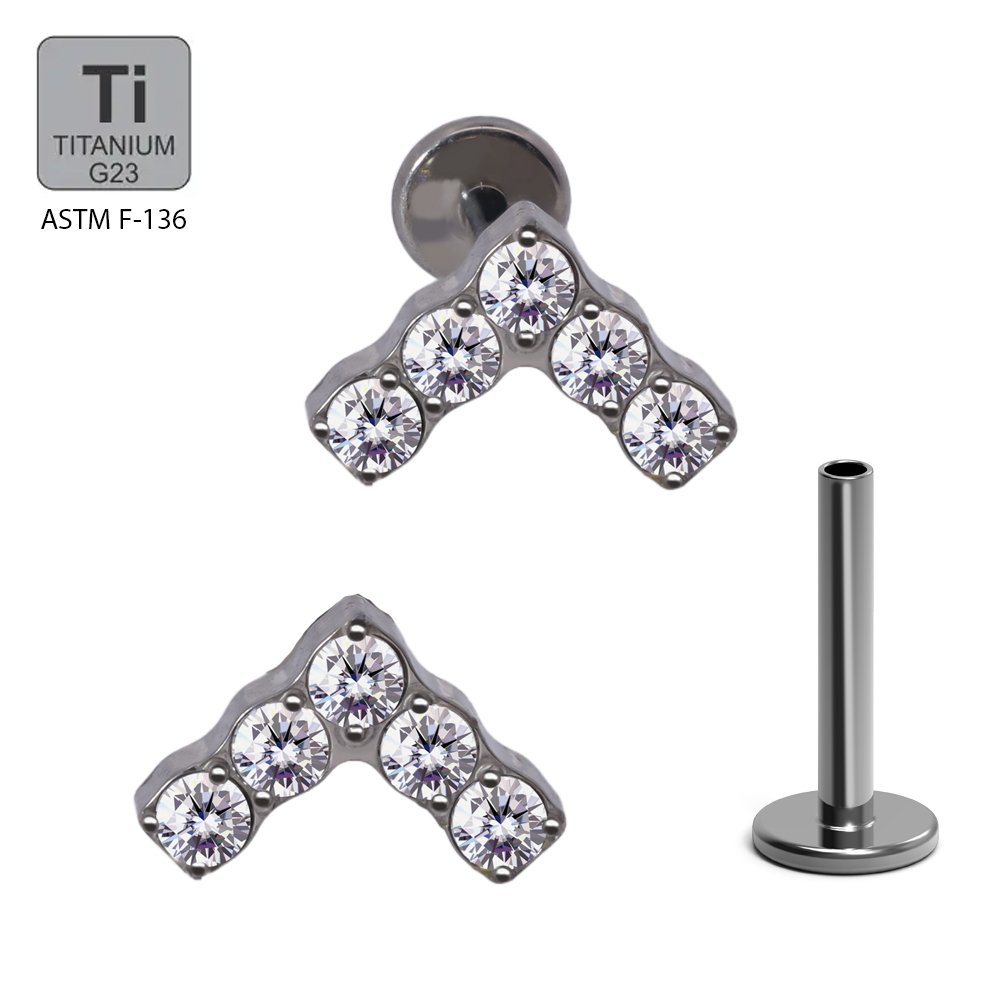 ASTM F136 Titanium G23 Internally Threaded Labret with 5 Prong Set Round Cubic Zirconia V Shape Top