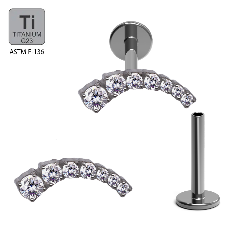 ASTM F136 Titanium G23 Internally Threaded Labret with Descending 7 Cubic Zirconia Curved Prong Set Top