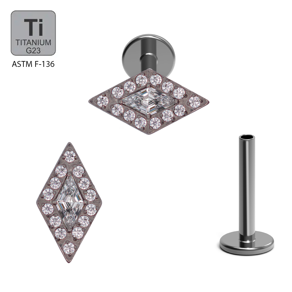 ASTM F136 Titanium G23 Internally Threaded Labret with Round Cubic Zirconia Paved Surround the Center Quarries Stone Top