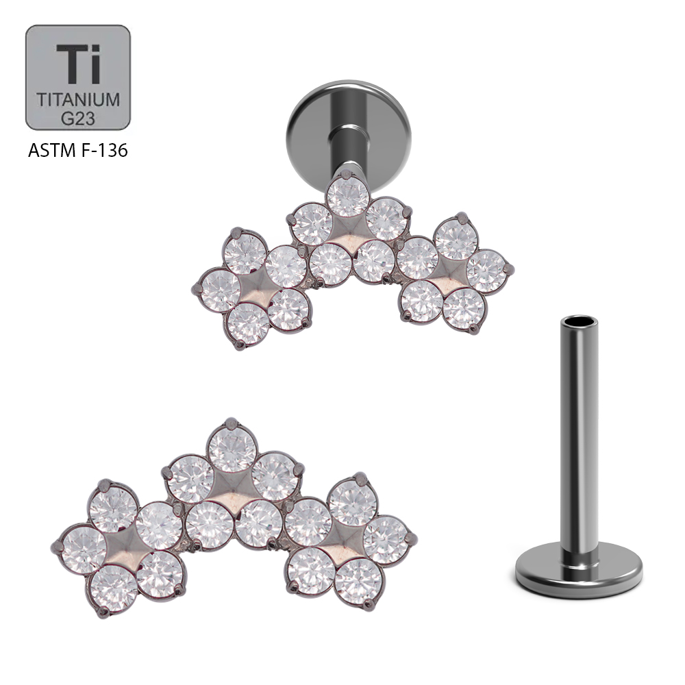 ASTM F136 Titanium G23 Internally Threaded Labret with 3 Cubic Zirconia Flowers Top