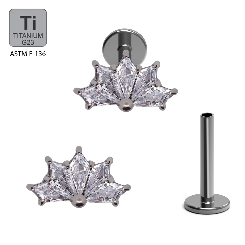 ASTM F136 Titanium G23 Internally Threaded Labret with CNC 5 Kite Shape Zircon Prong Set Top