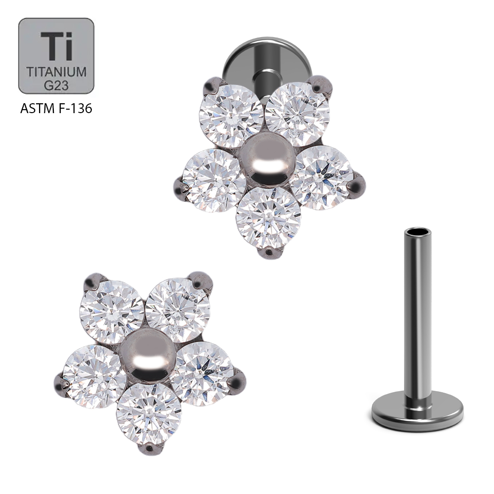 ASTM F136 Titanium G23 Labret with Internally Threaded In 3 Prong Set CZ Flower Top