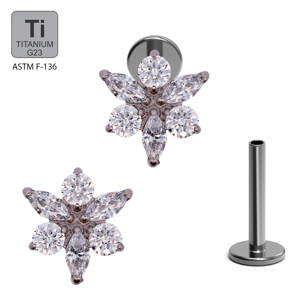 ASTM F136 Titanium G23 Labret with Internally Threaded In 3 Marquise Cubic Zirconia and 3 Round Cubic Zirconia Top