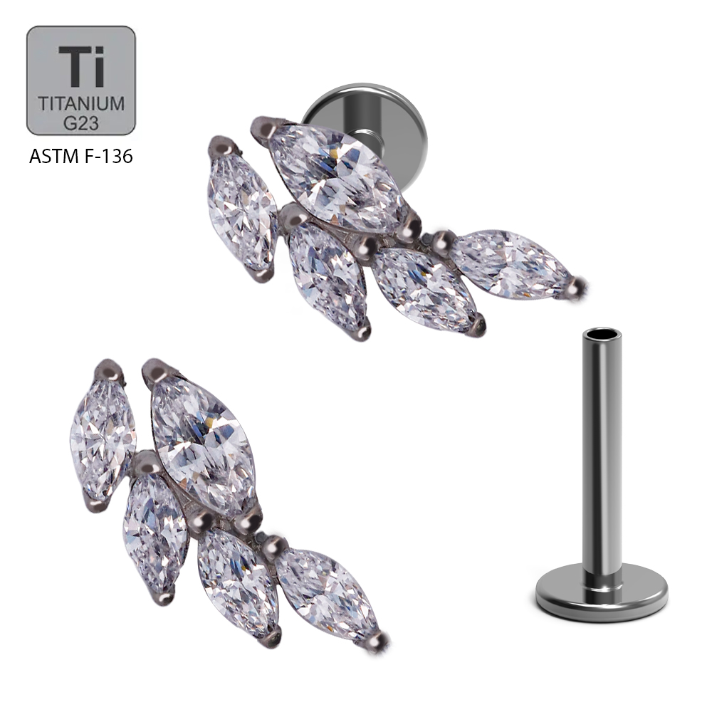 ASTM F136 Titanium G23 Labret with Internally Threaded In  5 Marquise Cubic Zirconia Wheatear Shape Top