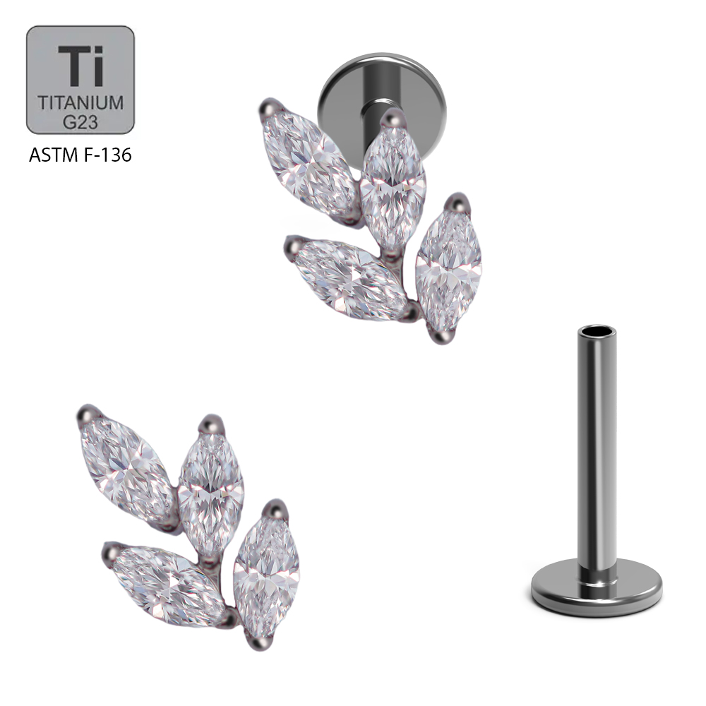 ASTM F136 Titanium G23 Labret with Internally Threaded In 4 Marquise Cubic Zirconia Leaf Shape Top