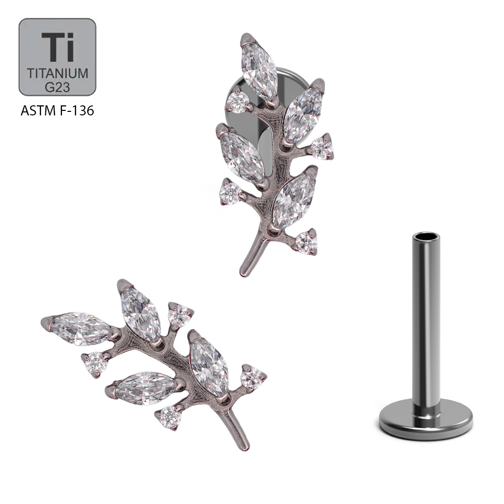 ASTM F136 Titanium G23 Labret with Internally Threaded In 4 Marquise Cubic Zirconia and 4 Round Cubic Zirconia Branch Shape Top