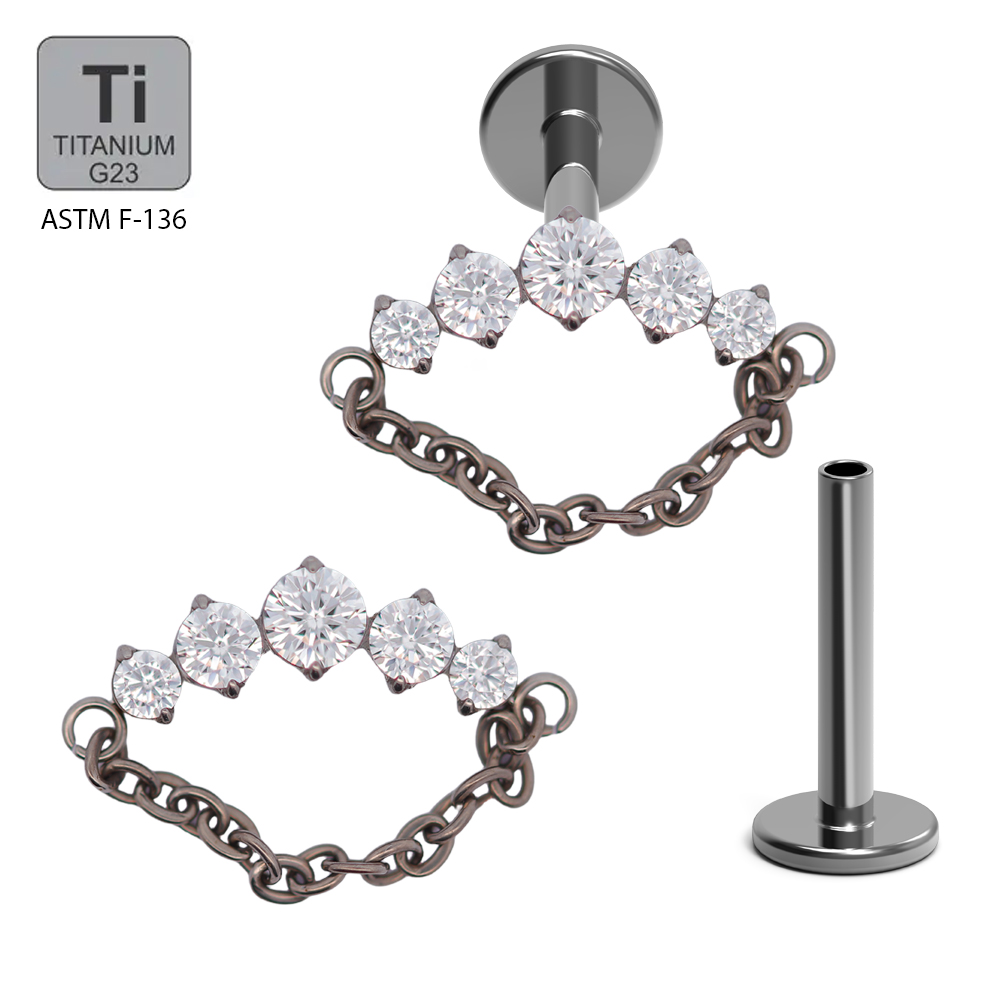 ASTM F136 Titanium G23 Labret with Internally Threaded In 5 CNC Set Round Cubic Zirconia With Dangle Chain Top
