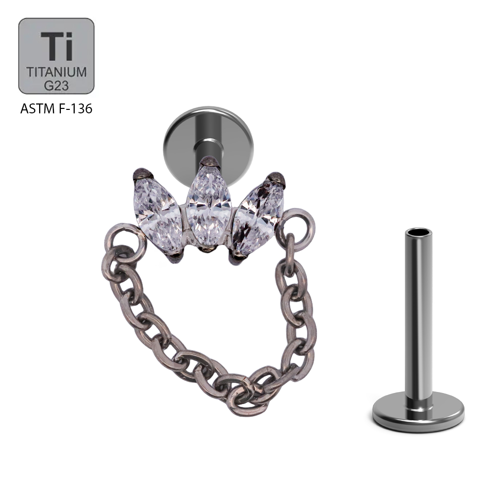 ASTM F136 Titanium G23 Labret with Internally Threaded In 3 CNC Set Marquise Cubic Zirconia With Dangle Chain Top