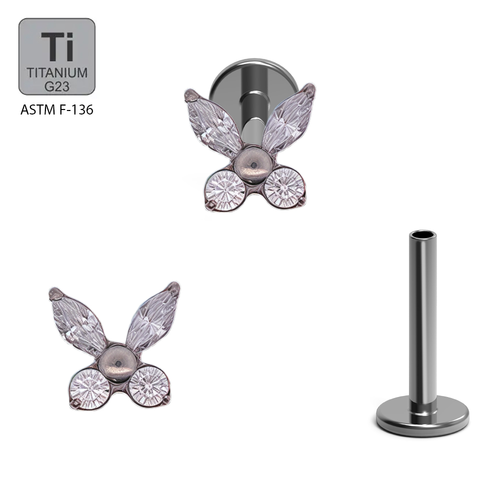 ASTM F136 Titanium G23 Labret with Internally Threaded In CNC Set Butterfly With 2 Marquise Cubic Zirconia and 2 Round Cubic Zirconia 