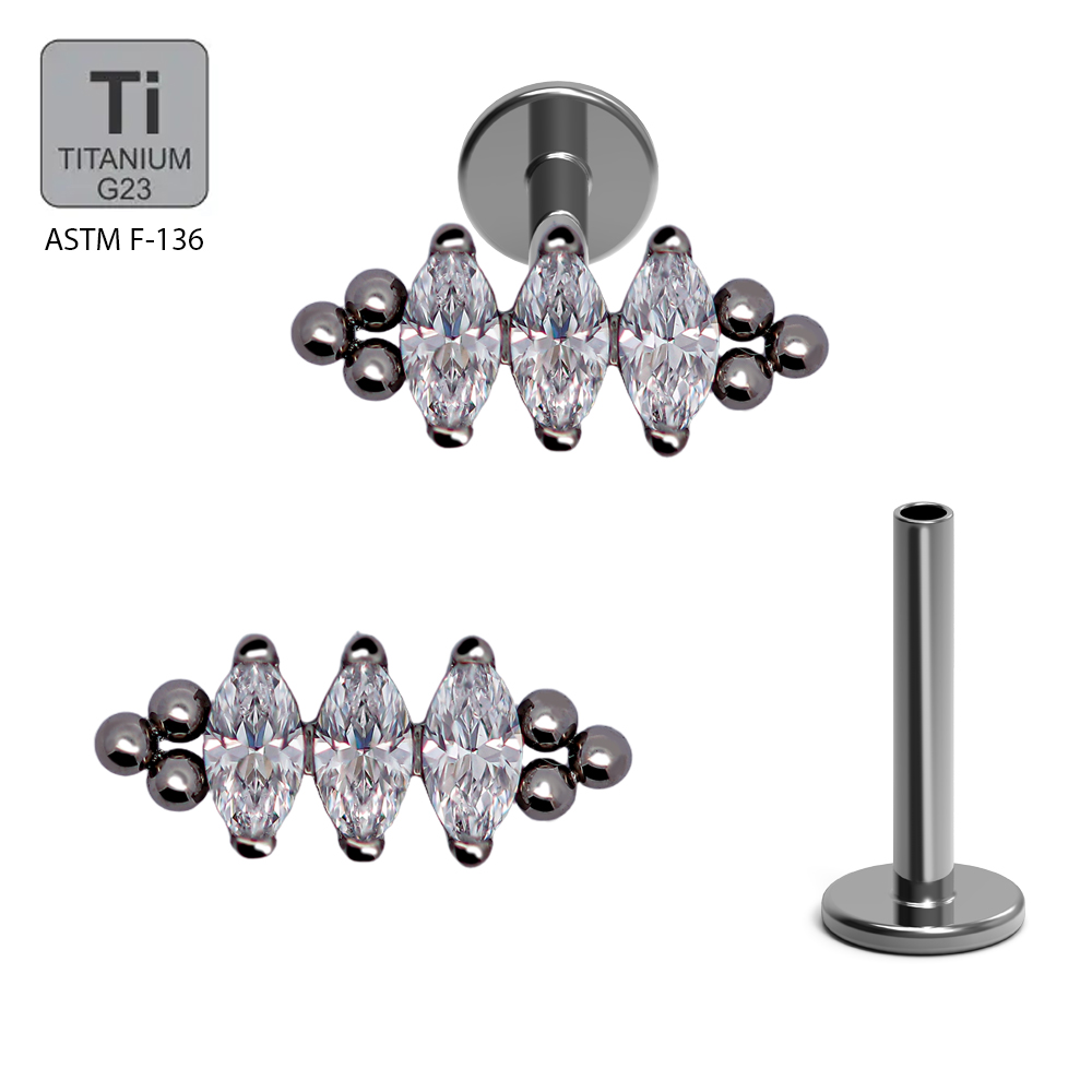 ASTM F136 Titanium G23 Labret with Internally Threaded In 3 CNC Set Parallel Marquise Cubic Zirconia With Tri-bead Cluster 