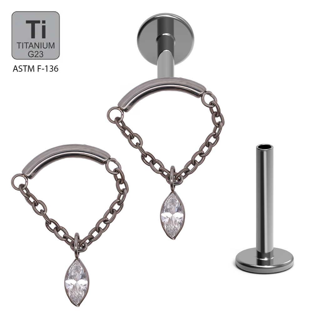 ASTM F136 Titanium G23 Internally Threaded Hidden Helix Labret with Chain and Marquise Cubic Zirconia Center Top