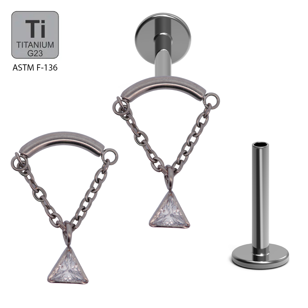 ASTM F136 Titanium G23 Internally Threaded Hidden Helix Labret with Chain and Triangle Cubic Zirconia Center Top