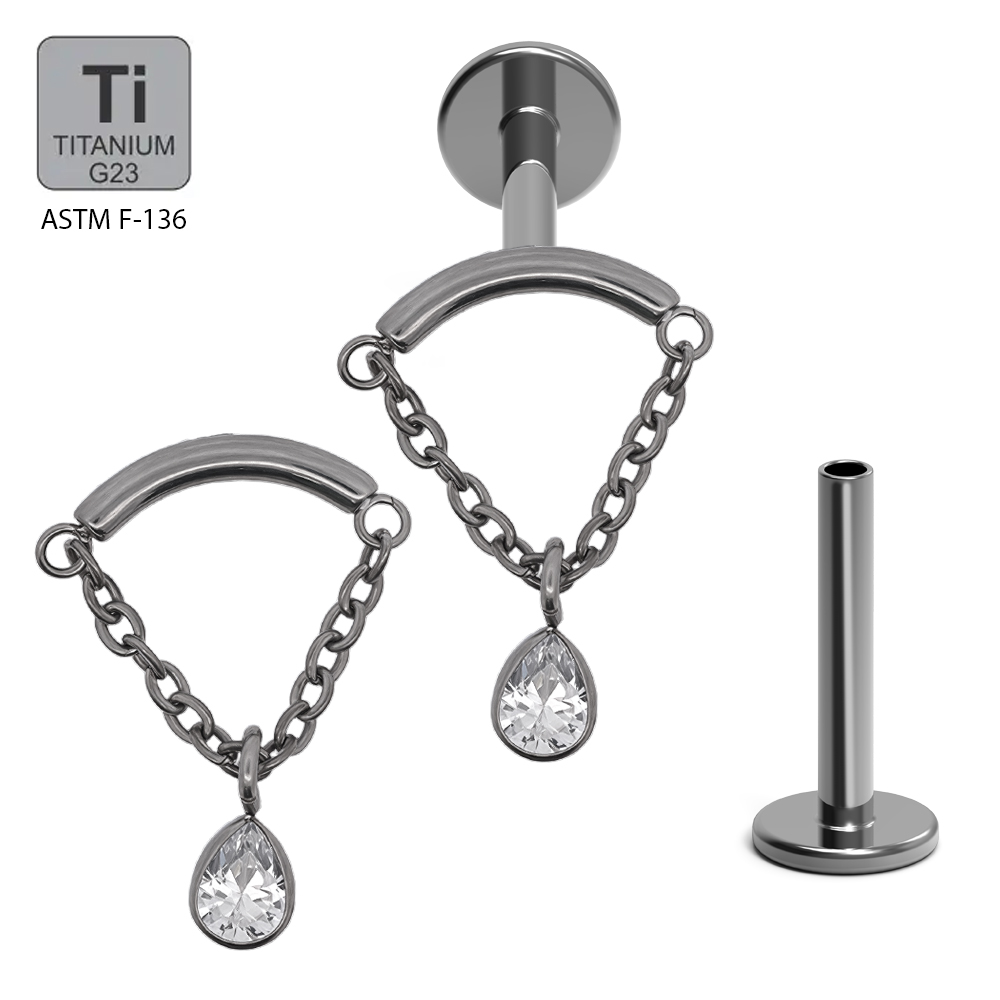 ASTM F136 Titanium G23 Internally Threaded Hidden Helix Labret with Chain and Drop Cubic Zirconia Center Top