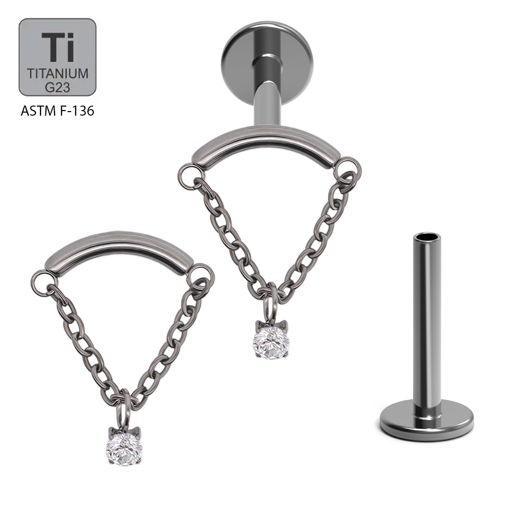 ASTM F136 Titanium G23 Internally Threaded Hidden Helix Labret with Chain and Cubic Zirconia Center Top