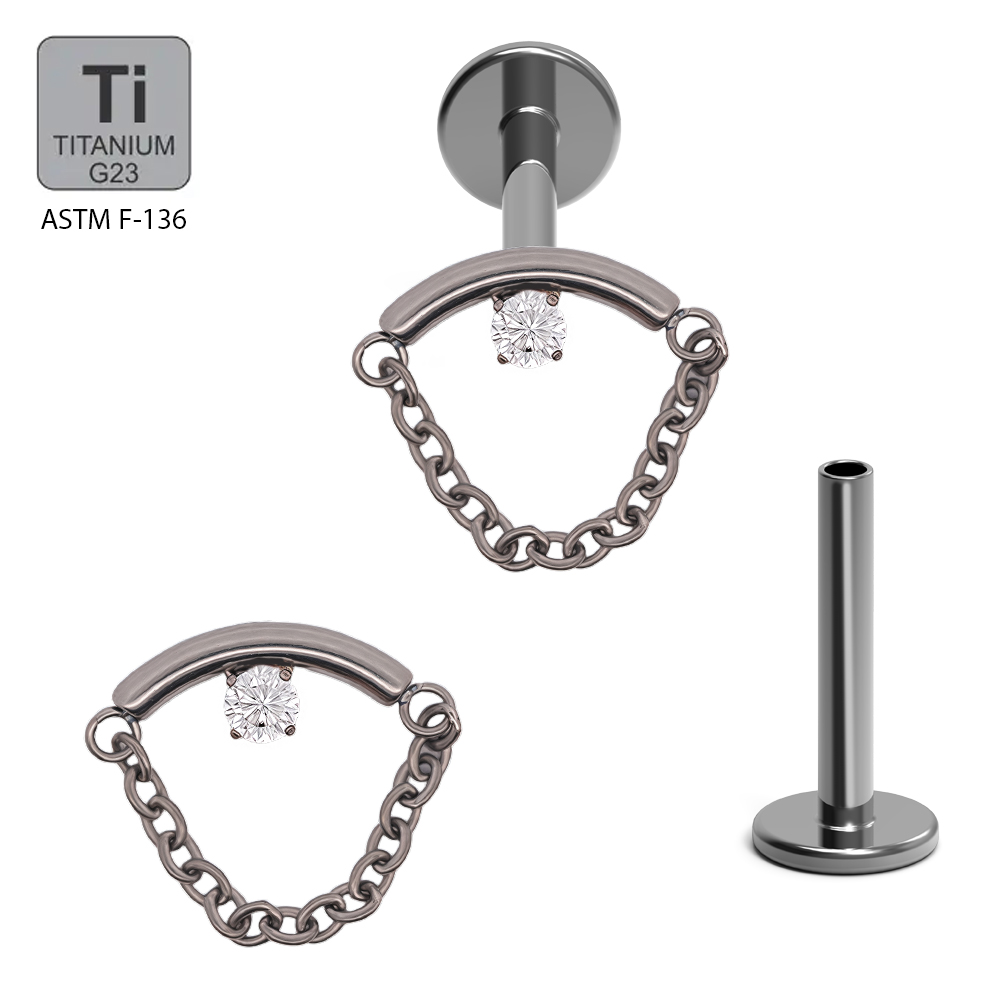 ASTM F136 Titanium G23 Internally Threaded Hidden Helix Labret with Chain and Cubic Zirconia On Bar Top