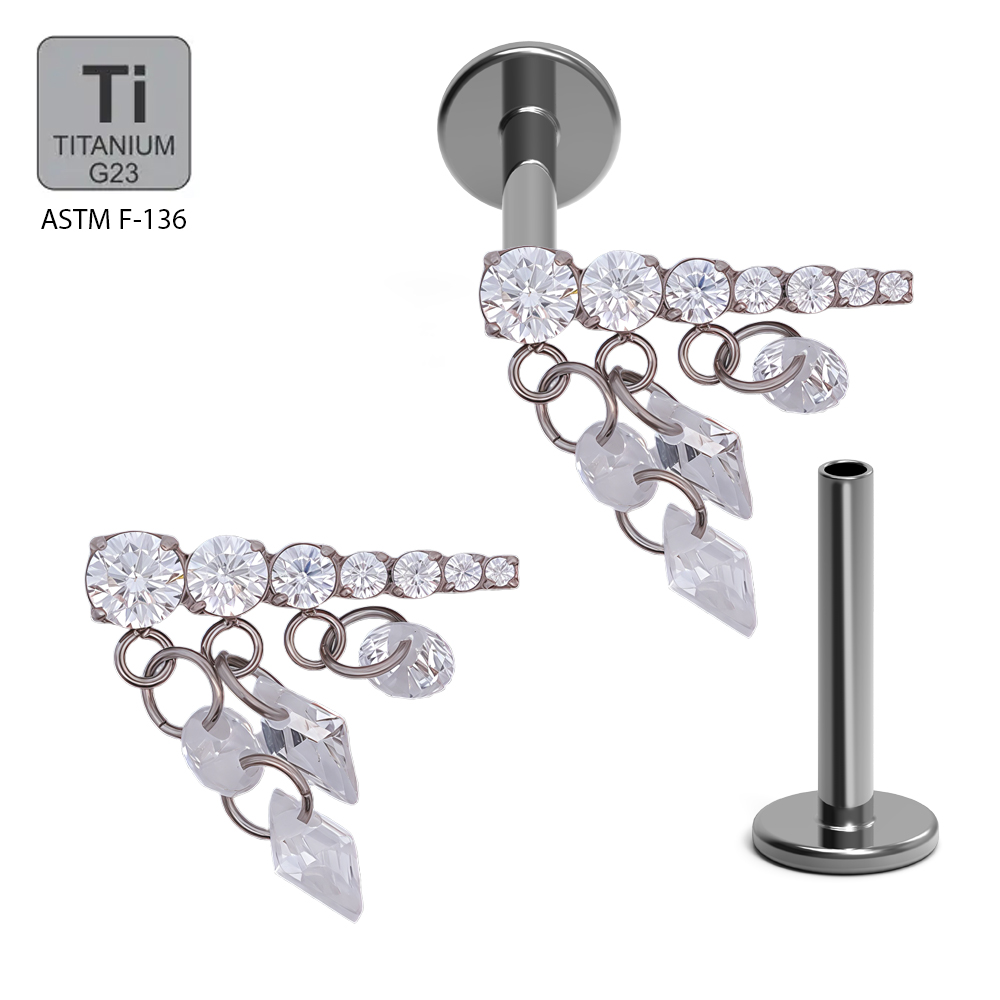 ASTM F136 Titanium G23 Labret with Internally Threaded In 7 Descending Cubic Zirconia With Round and Diamond Cubic Zirconia Dangle