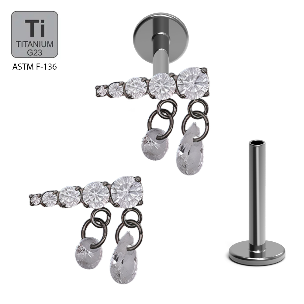 ASTM F136 Titanium G23 Labret with Internally Threaded In 5 Descending Cubic Zirconia With Round and Pear Cubic Zirconia Dangle