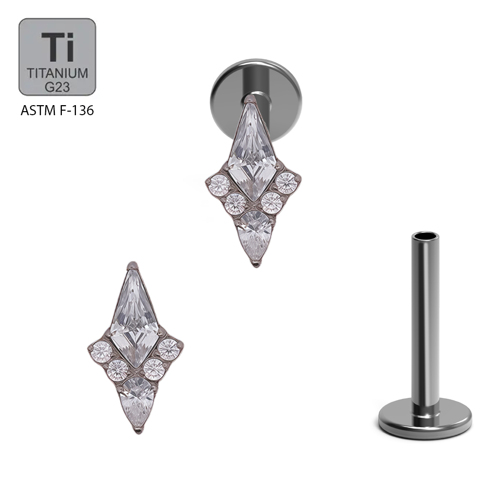 ASTM F136 Titanium G23 Labret with Internally Threaded In CNC Set Kite Cubic Zirconia and Tear Drop Cubic Zirconia Combined
