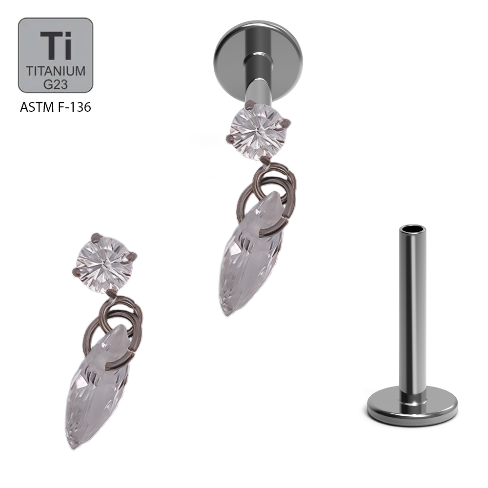 ASTM F136 Titanium G23 Labret with Internally Threaded In Prong Set Cubic Zirconia With Marquise Cubic Zirconia Dangle