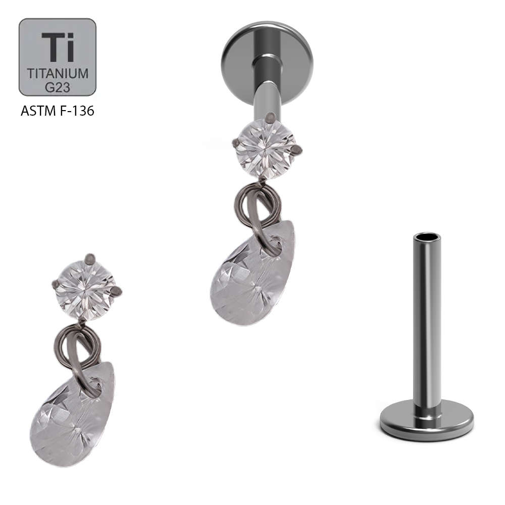 ASTM F136 Titanium G23 Labret with Internally Threaded In Prong Set Cubic Zirconia With Tear Drop Cubic Zirconia Dangle