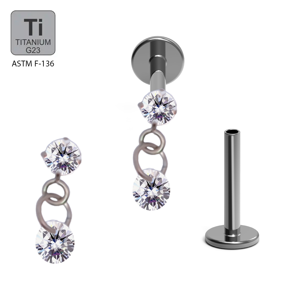 ASTM F136 Titanium G23 Labret with Internally Threaded In Prong Set Cubic Zirconia With Round Cubic Zirconia Dangle