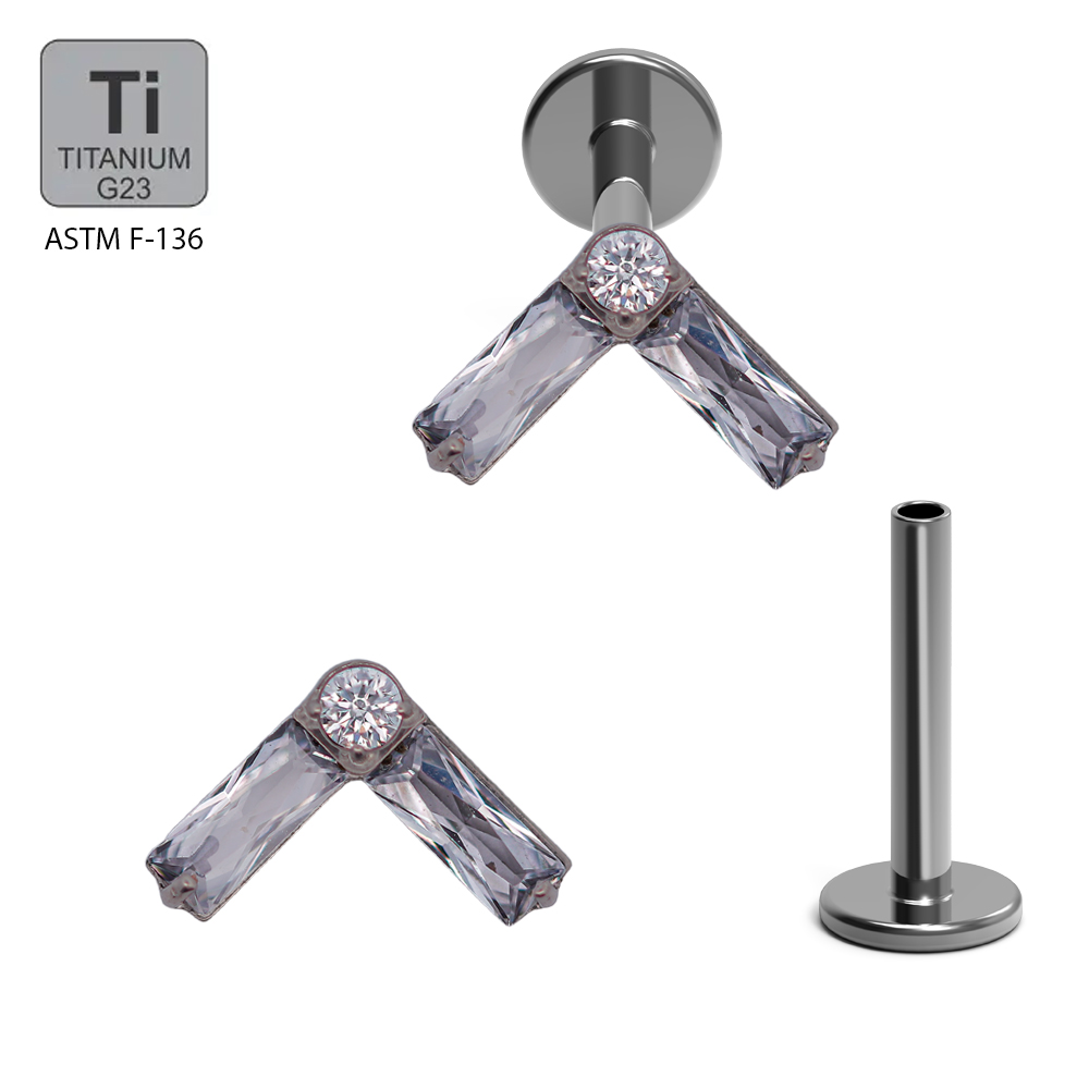 ASTM F136 Titanium G23 Labret with Internally Threaded In CNC Set 2 Rectangles Cubic Zirconia and Round Cubic Zirconia
