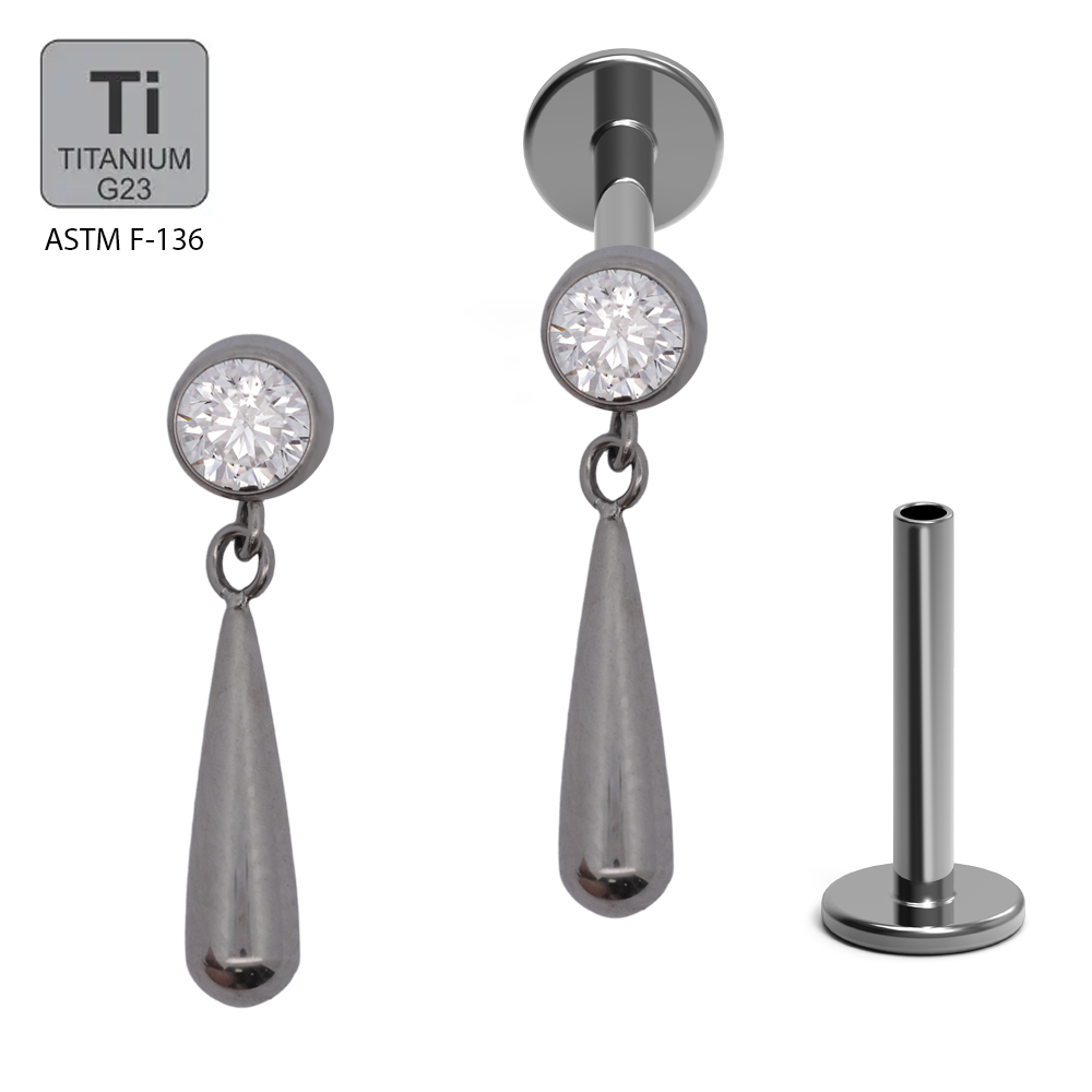 ASTM F136 Titanium G23 Labret with Internally Threaded In Bezel Set Cubic Zirconia With Tear Drop Dangle Top