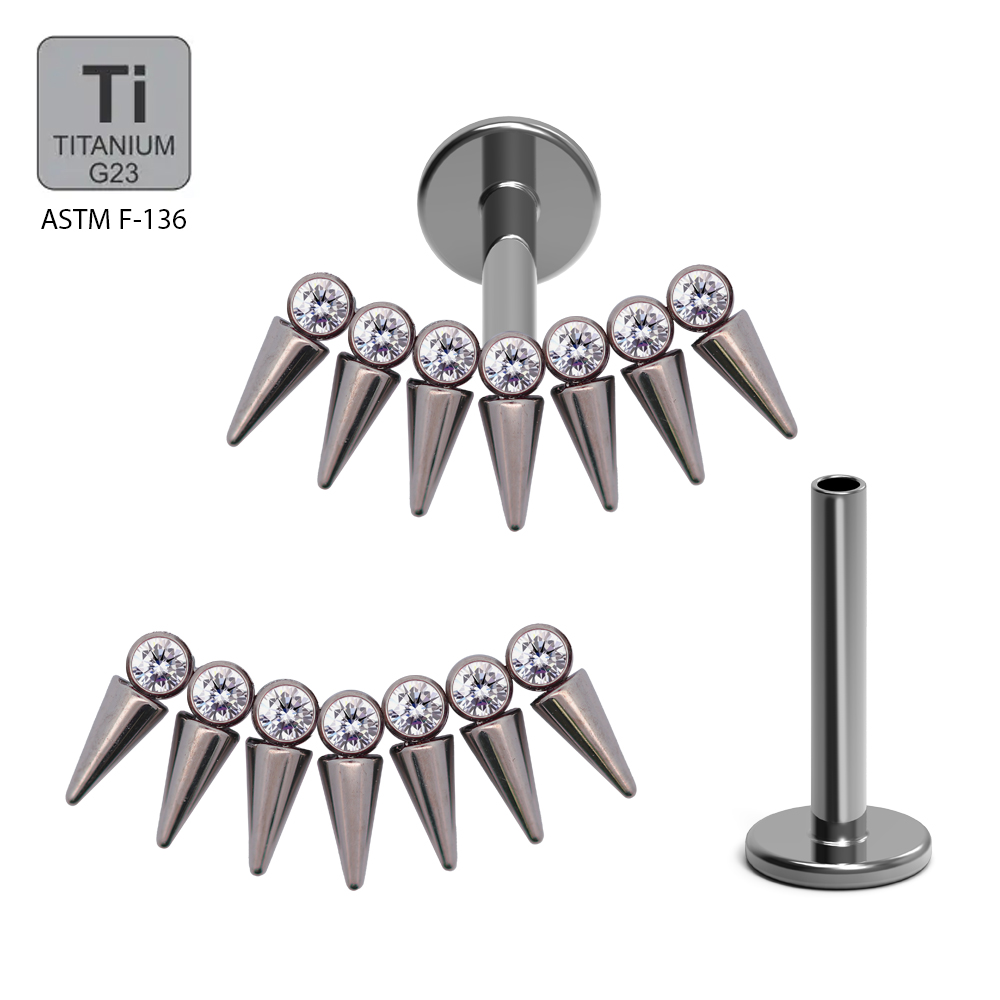 ASTM F136 Titanium G23 Labret with Internally Threaded In 7 Cubic Zirconia With Spike
