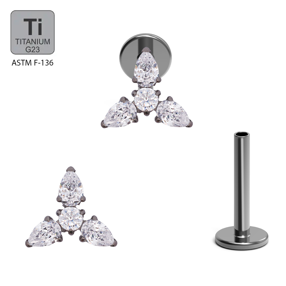 ASTM F136 Titanium G23 Labret with Internally Threaded In 3 Marquise Cubic Zirconia and Round Cubic Zirconia Center 