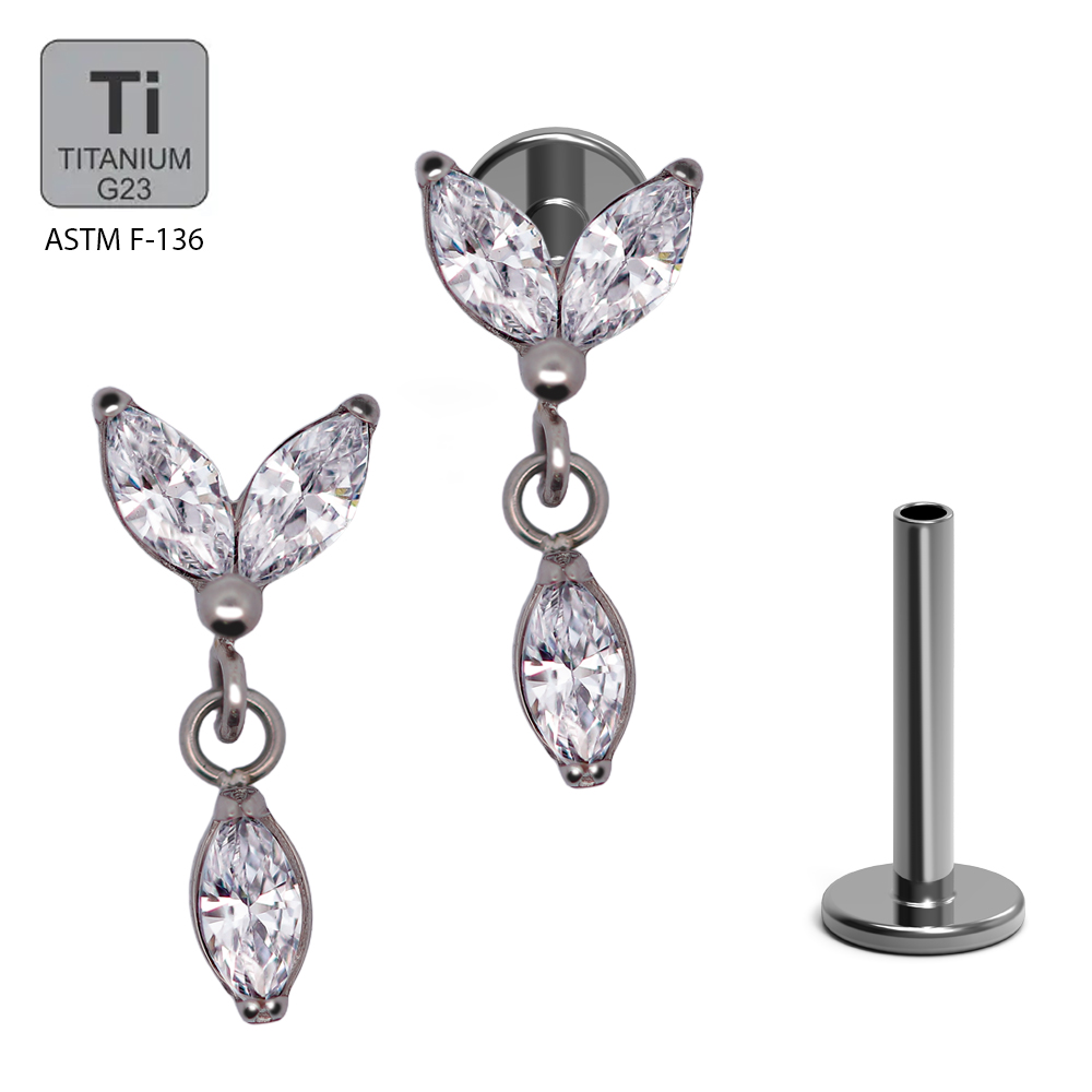 ASTM F136 Titanium G23 Labret with Internally Threaded In 2 Marquise Cubic Zirconia With Marquise Cubic Zirconia Dangle 