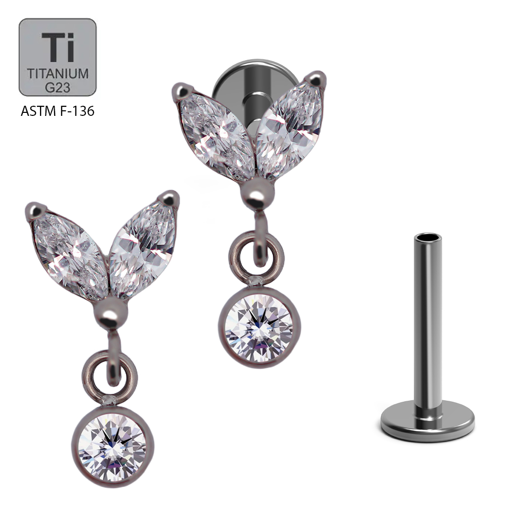 ASTM F136 Titanium G23 Labret with Internally Threaded In 2 Marquise Cubic Zirconia With Bezel Set Cubic Zirconia Dangle