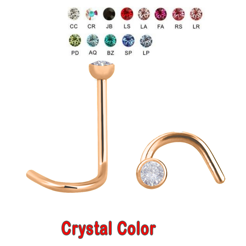 Steel 316L Rose Gold PVD Coated Nose Spiral with 2mm Crystal - 18GA(1.0mm) 