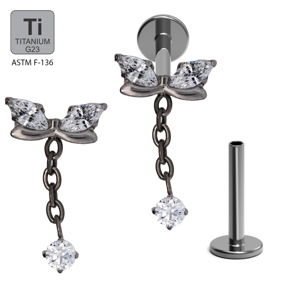 ASTM F136 Titanium G23 Labret with Internally Threaded In 2 Marquise Cubic Zirconia With Prong Set Cubic Zirconia Dangle Top