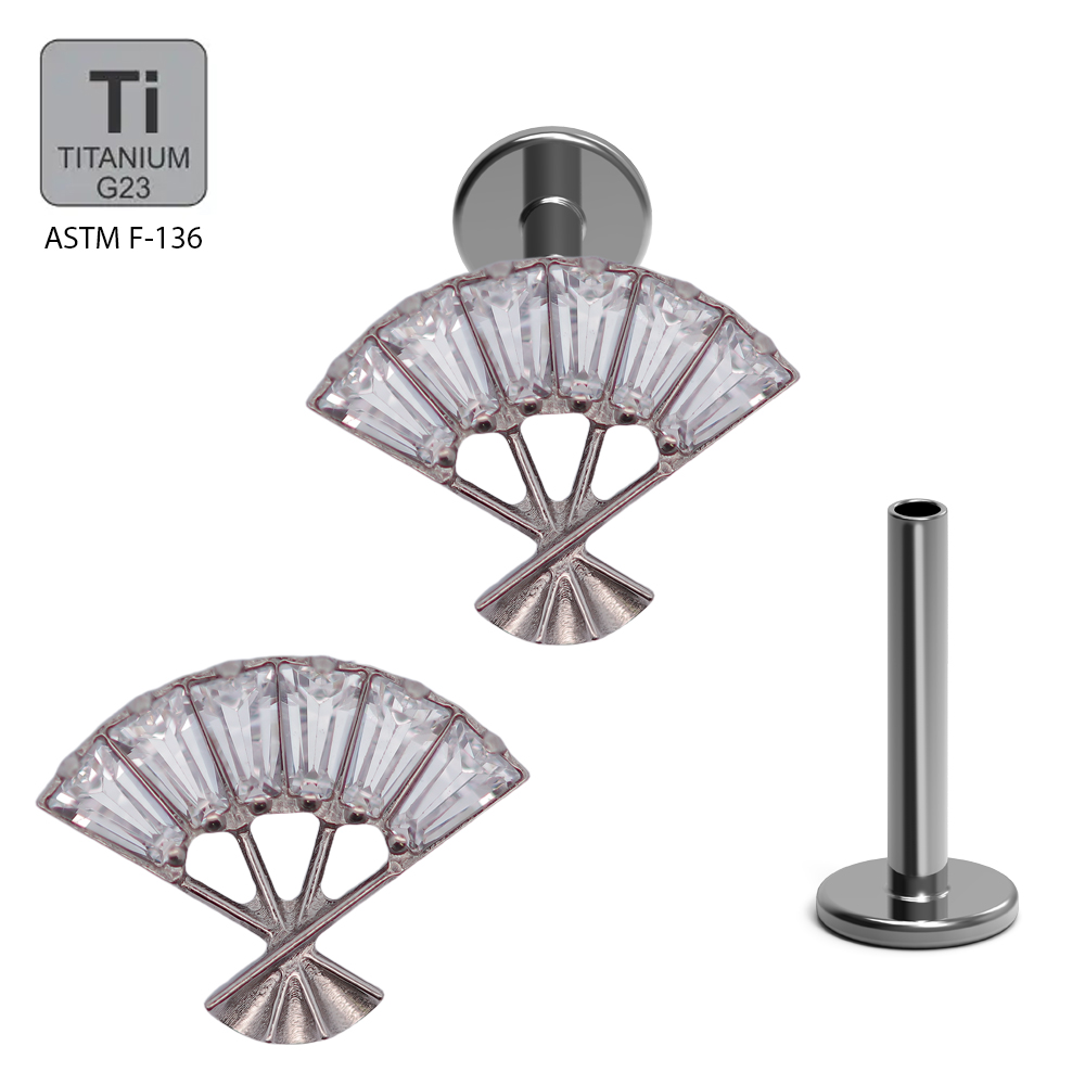 ASTM F136 Titanium G23 Labret with Internally Threaded In CNC Set Cubic Zirconia Fan