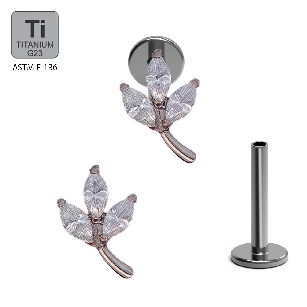 ASTM F136 Titanium G23 Labret with Internally Threaded In CNC Set Clover with Marquise Cubic Zirconia Leaf