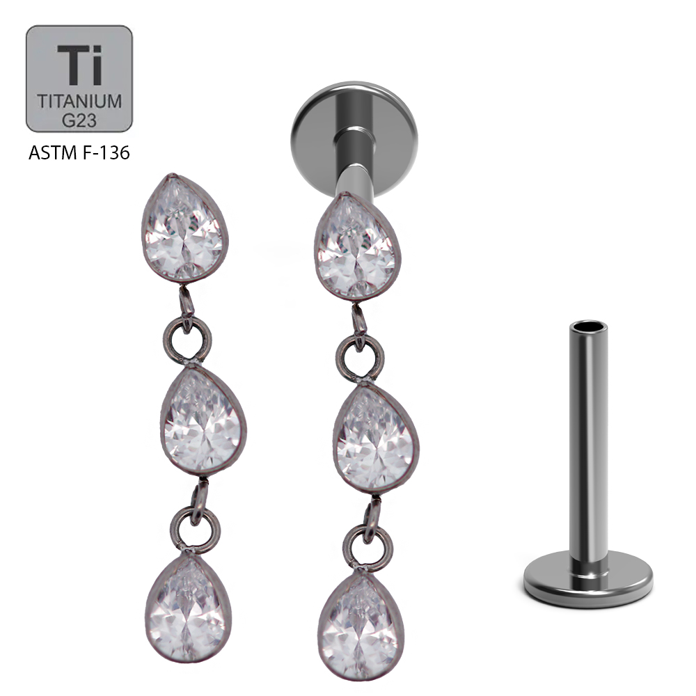 ASTM F136 Titanium G23 Internally Threaded Labret with 3 Bezel Set Pear Cubic Zirconia Dangle Top