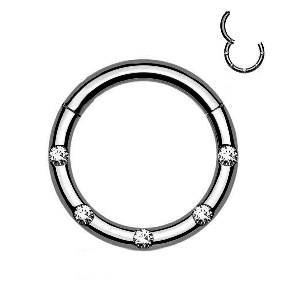 Steel 316L Black PVD Coated Hinged Segment Ring Clicker with  Five Crystals 