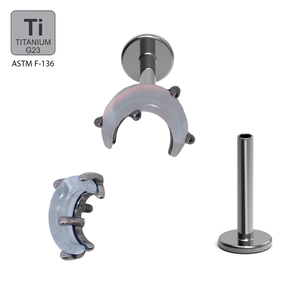 Steel 316L Internally Threaded Labret Crescent Moon Design With Opal Rainbow Crystals -  16GA(1.2mm)  