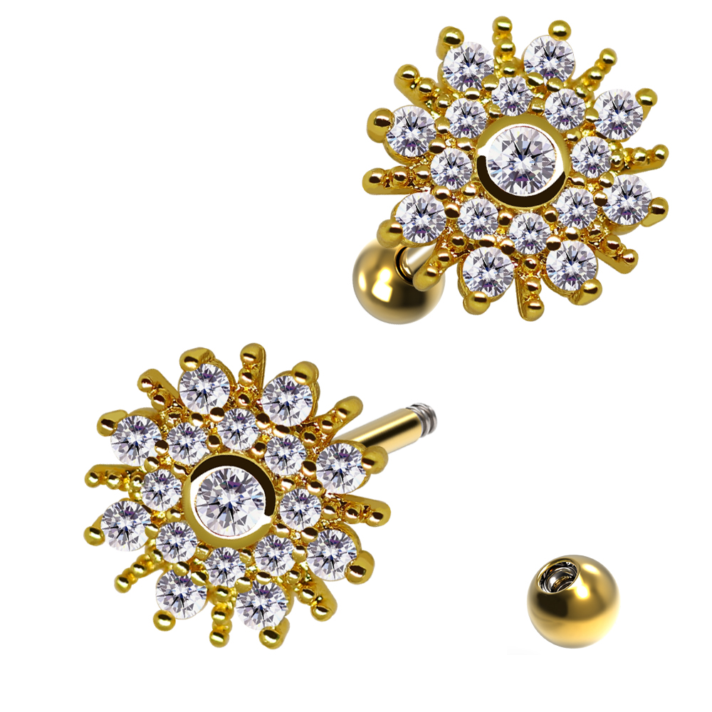 Steel 316L Barbell in Flower Design with Crystals - CC Crystal Clear