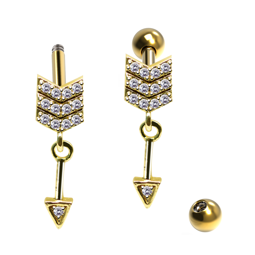 Steel 316L Barbell in Arrow Brass Design with Crystals - CC Crystal Clear