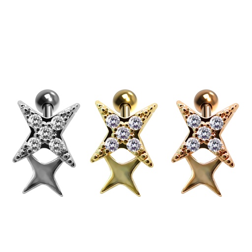Steel 316L Barbell in Star Design  with Crystals - CC Crystal Clear