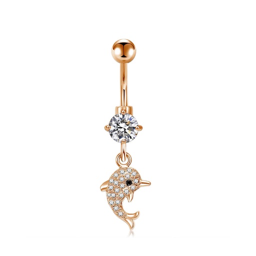 [RGS-BDC316-1.6-10-5] Steel 316L Rose Gold PVD Titanium Coated Belly Button Banana with CZ Stone Setting in Fashion Design - CC Crystal Clear -14GA(1.6mm)