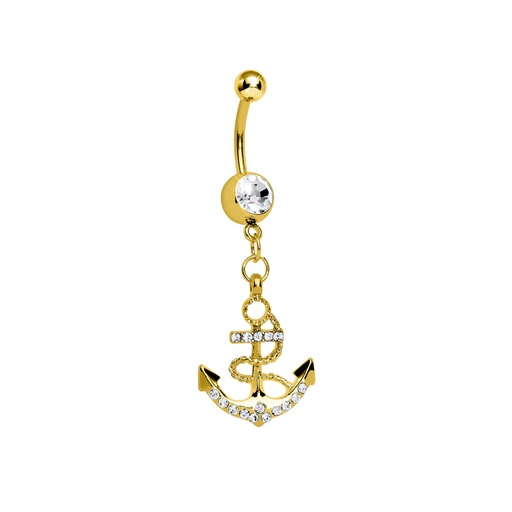 [GDS-BDC242-1.6-10-5] Steel 316L Gold Ti-PVD Coated Belly Button Banana in Fashion Design - CC Crystal Clear -14GA(1.6mm)