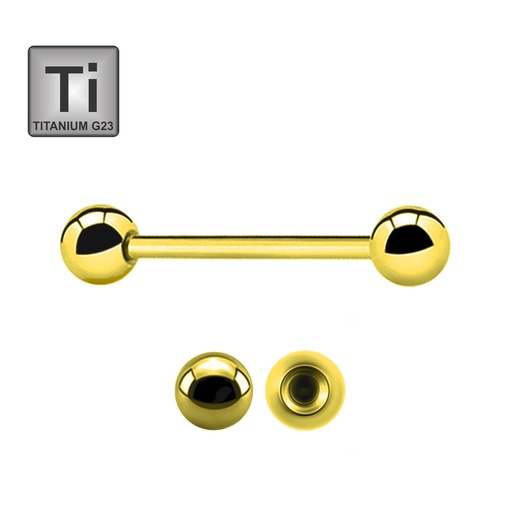 [GDT-SBB01-1.2-10-3] Titanium G23 Gold Ti-PVD Coated Barbell with Screwballs -16GA(1.2mm) 