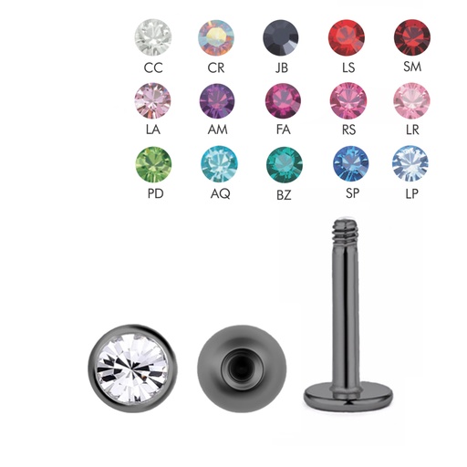 Steel 316L Black Ti-PVD  Coated Labret with Setted Crystal Screwball (2.5mm) - 16GA(1.2mm)  