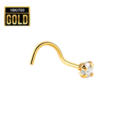 18K Real Gold Nose Spiral with Zirconia Crystal (Crab Setting) - 23GA(0.6mm) 