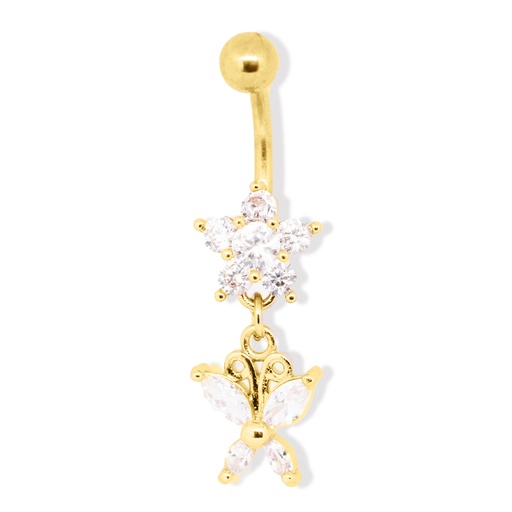 [GDS-BDC371-1.6-10-5] Steel 316L Gold Ti-PVD Coated Belly Button Banana in Fashion Design - CC Crystal Clear -14GA(1.6mm) 