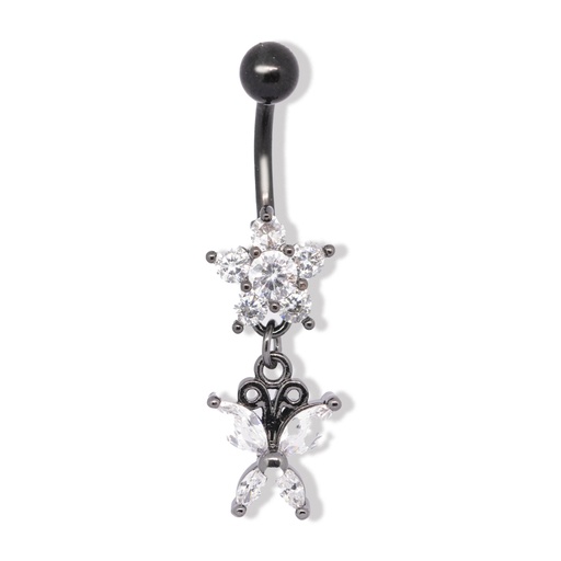 [BKS-BDC371-1.6-10-5] Steel 316L Black Ti-PVD Coated Belly Button Banana in Fashion Design - CC Crystal Clear -14GA(1.6mm) 