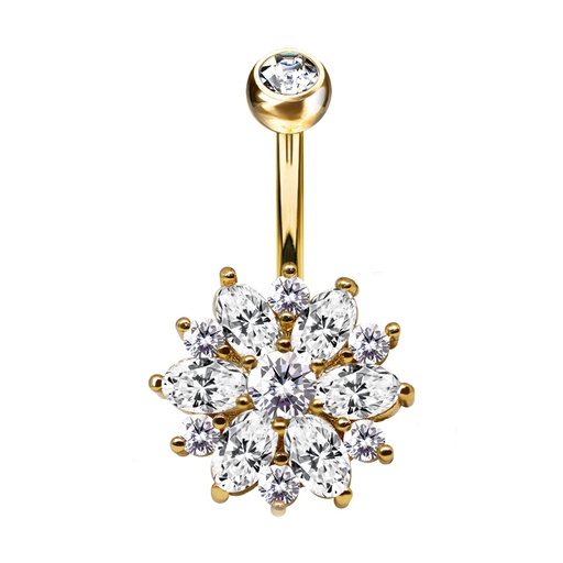 [GDS-BNC324-1.6-10-5S] Steel 316L Gold PVD Titanium Coated Belly Button Banana in Fashion Design - CC Crystal Clear -14GA(1.6mm)  